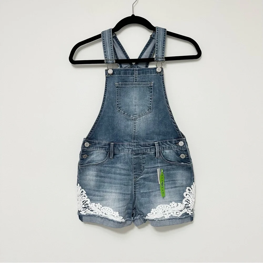 NWT SO Brand Kids Denim Short Overalls with White Crochet Trim Teen Tween Sz 14